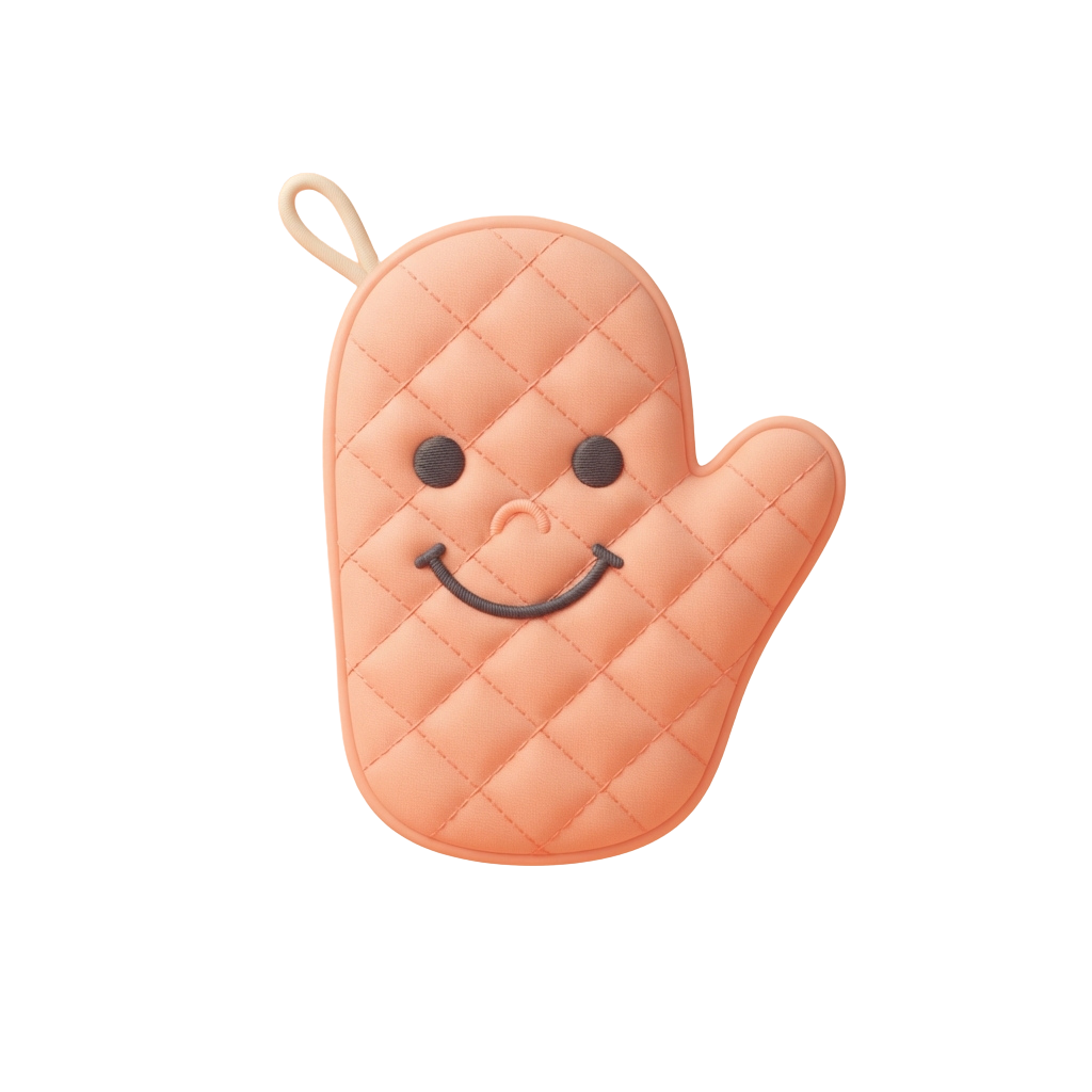 Smiling quilted pot holder with two eyes and a curved mouth, attached with a loop at the top