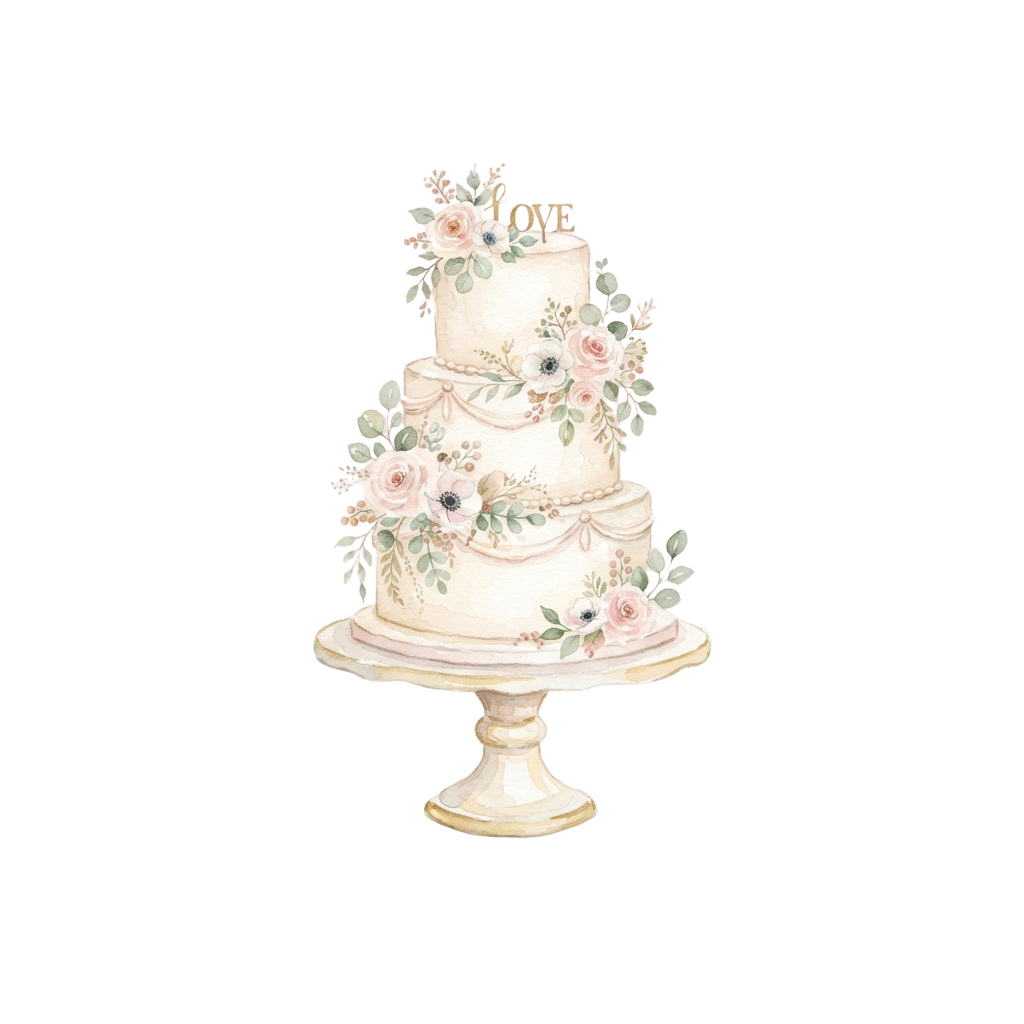 A three-tiered wedding cake adorned with floral decorations and a LOVE topper on a gold stand