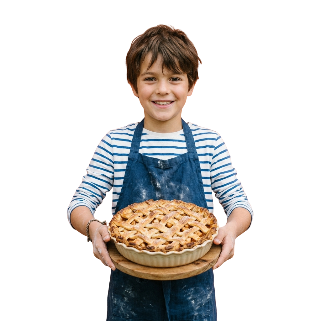 Smiling child wearing an apron holding a lattice-topped apple pie on a tray