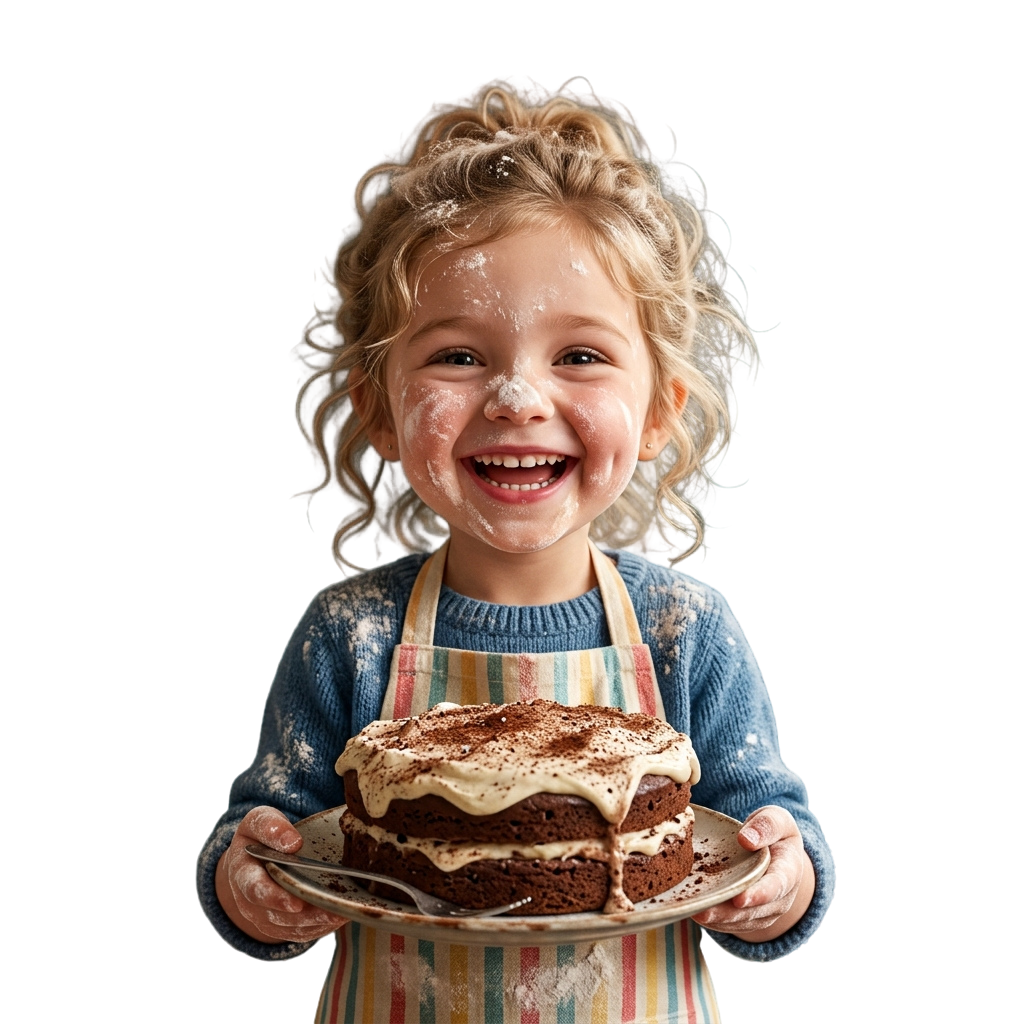 A smiling child with messy hair and a colorful apron holding a slice of tiramisu cake on a plate