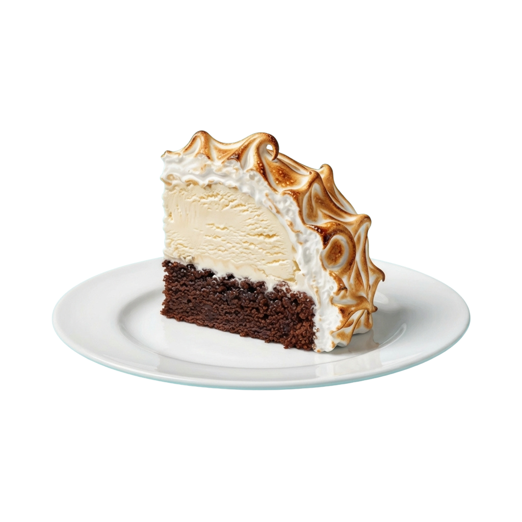 A slice of layered chocolate cake with white meringue topping on a white plate.