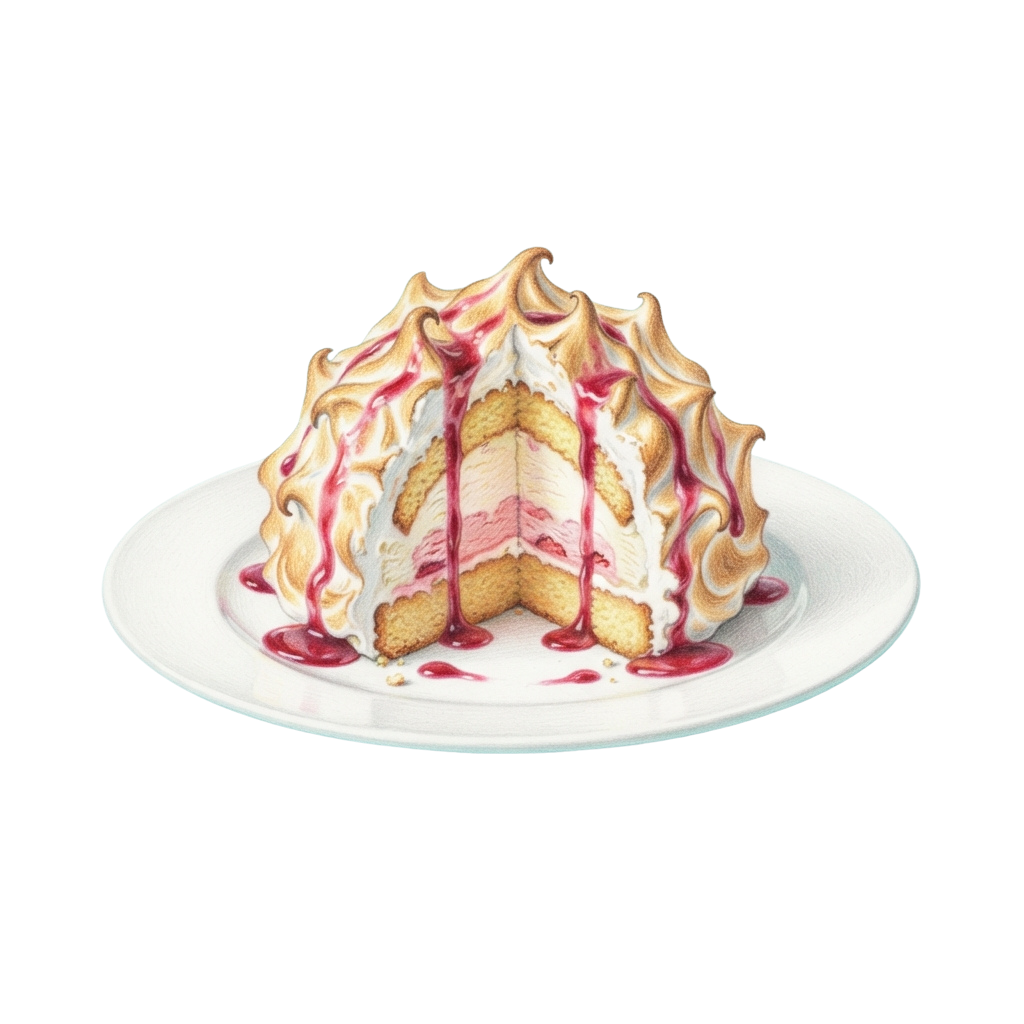 A slice of layered cake with meringue topping and raspberry filling dripping sauce on a white plate