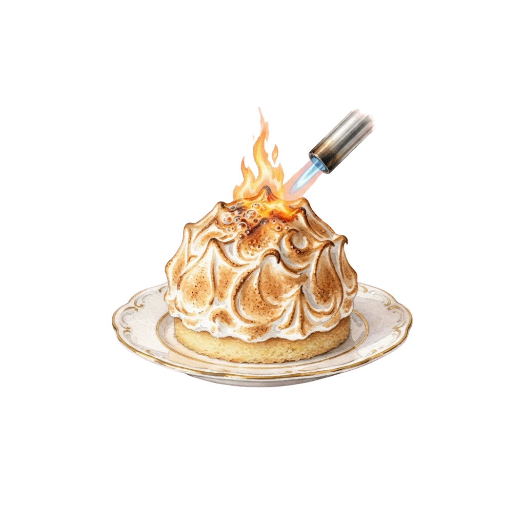 A flaming baked dessert on a decorative plate with a torch lighting the top