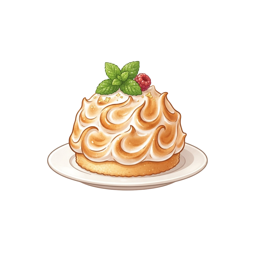 A lemon meringue cake topped with a raspberry and mint leaf on a white plate