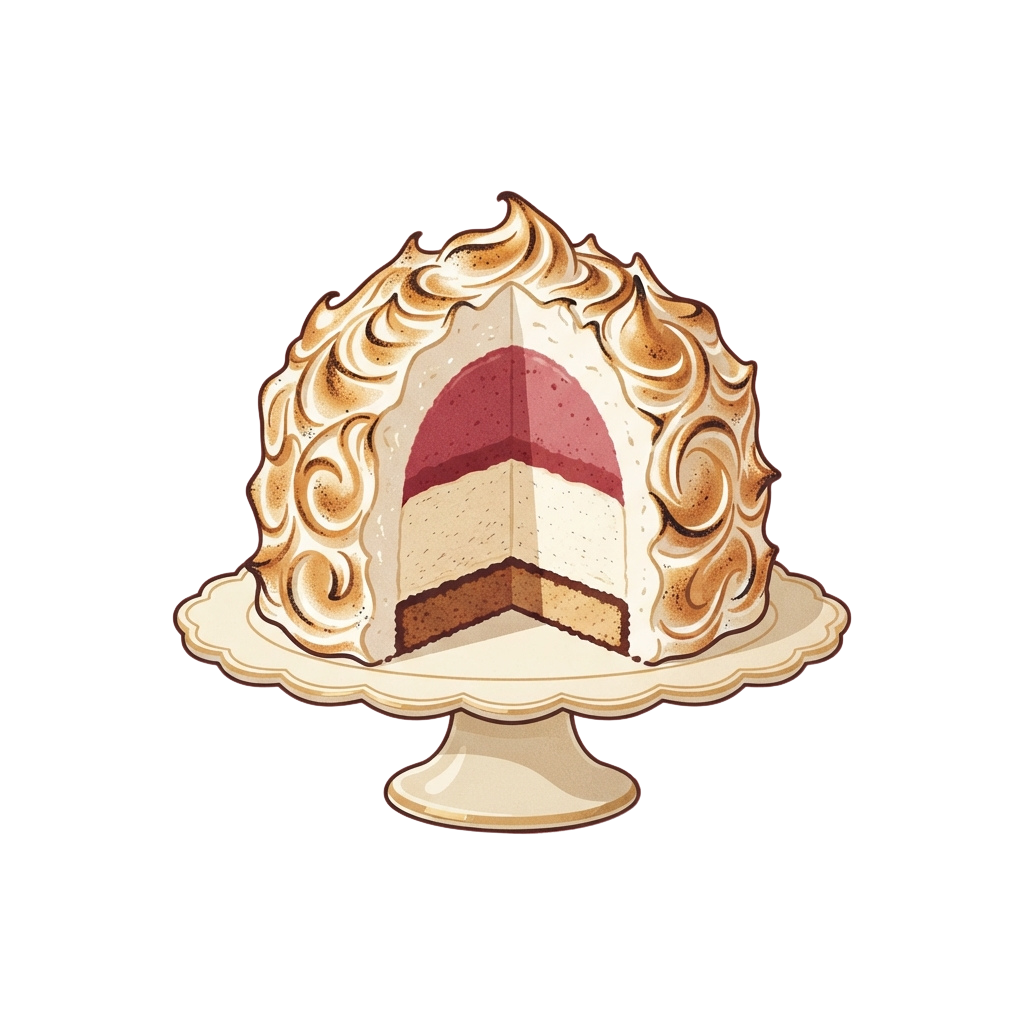 A slice of layered cake with cream and pink filling, decorated with intricate cream swirls on a cake stand