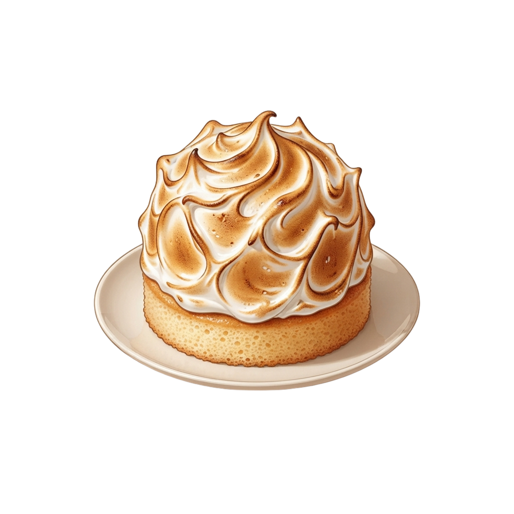 A dessert featuring a golden meringue cake topped with caramelized syrup drizzle on a white plate