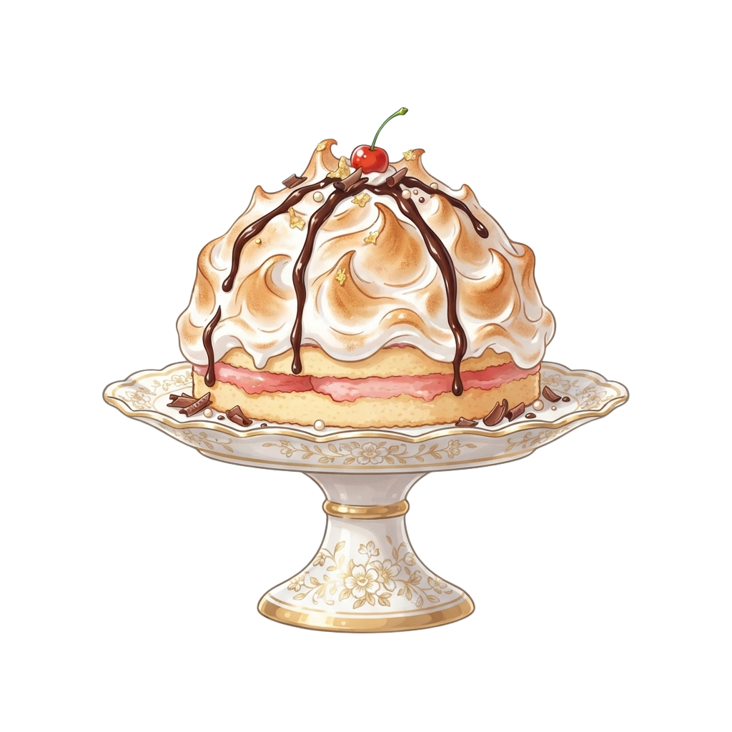 A beautifully decorated cake with white frosting, chocolate drizzle, and a cherry on top, displayed on an ornate cake stand.