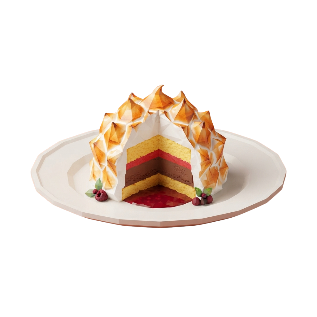 A slice of layered cake with three visible fillings and golden caramel meringue on top, served on a white plate with berries.