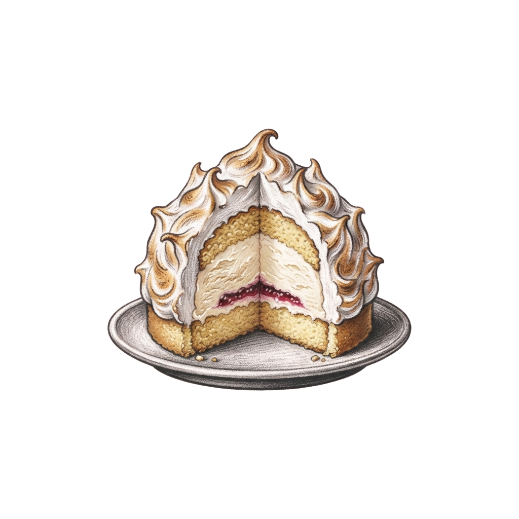 A baked Alaska dessert with a slice cut out, revealing vanilla cake and fruit filling, topped with flambéed meringue.