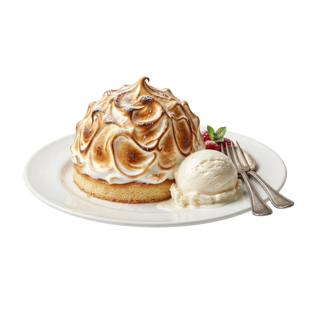 A baked Alaska dessert topped with caramelized meringue, served with vanilla ice cream and a berry garnish on a white plate.