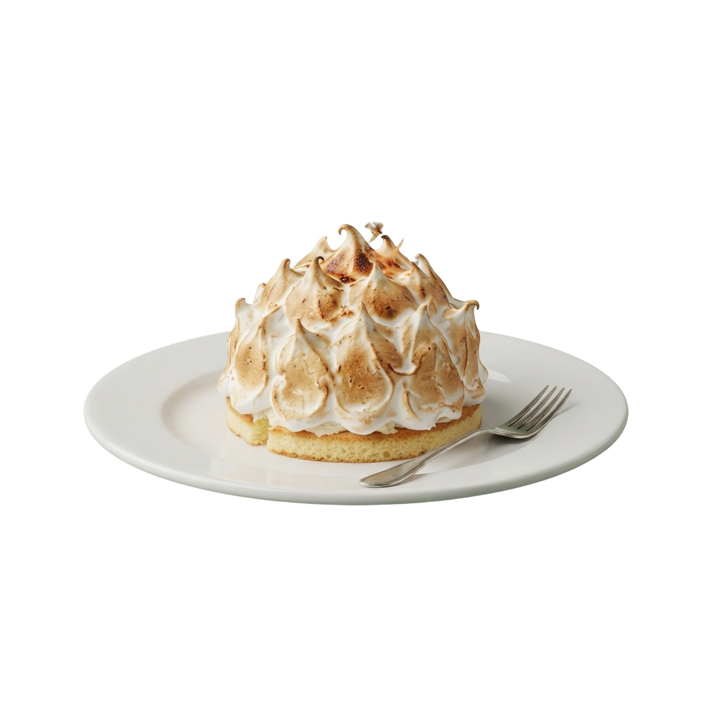 A single slice of cake with fluffy meringue topping on a white plate with a fork