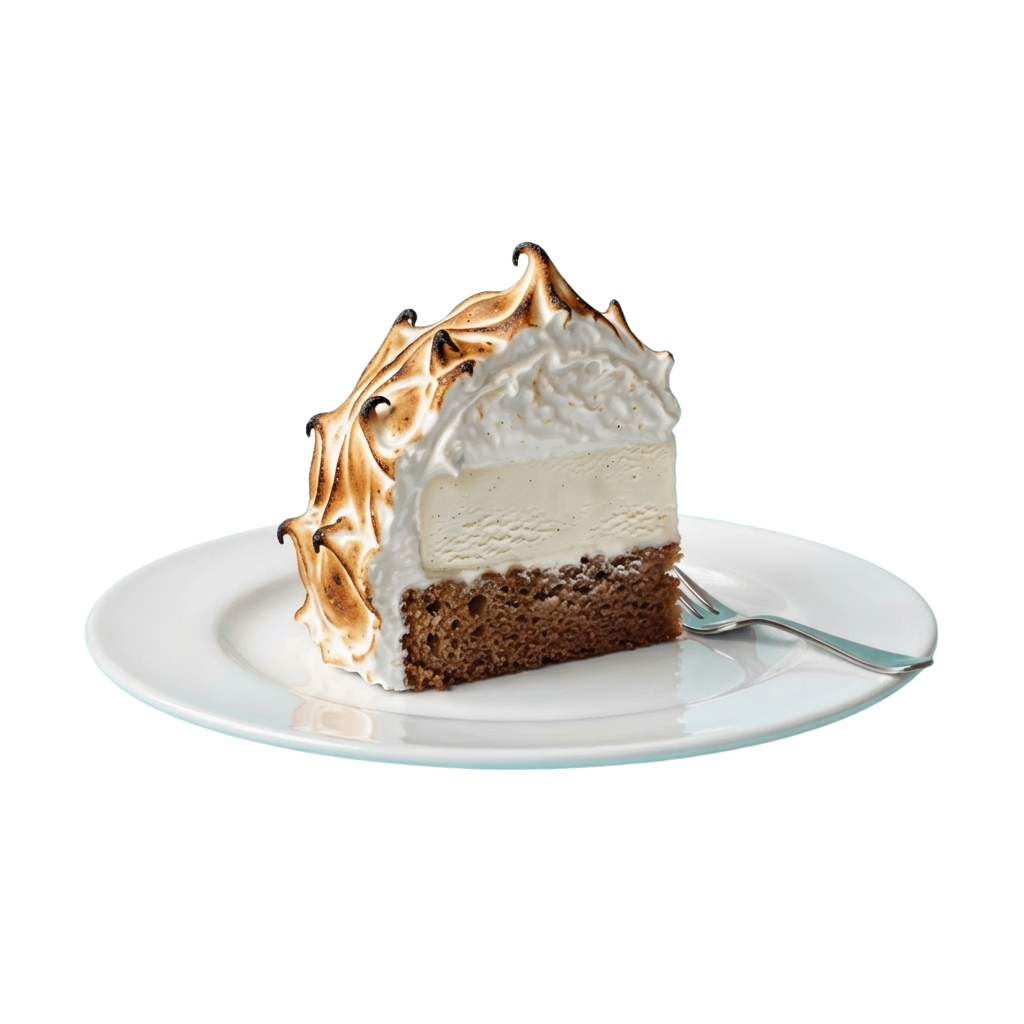A slice of chocolate cake with white meringue on a white plate