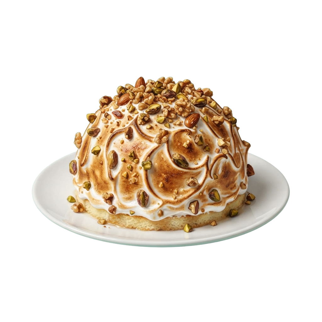 A cake topped with caramel swirls and nuts, placed on a white plate.