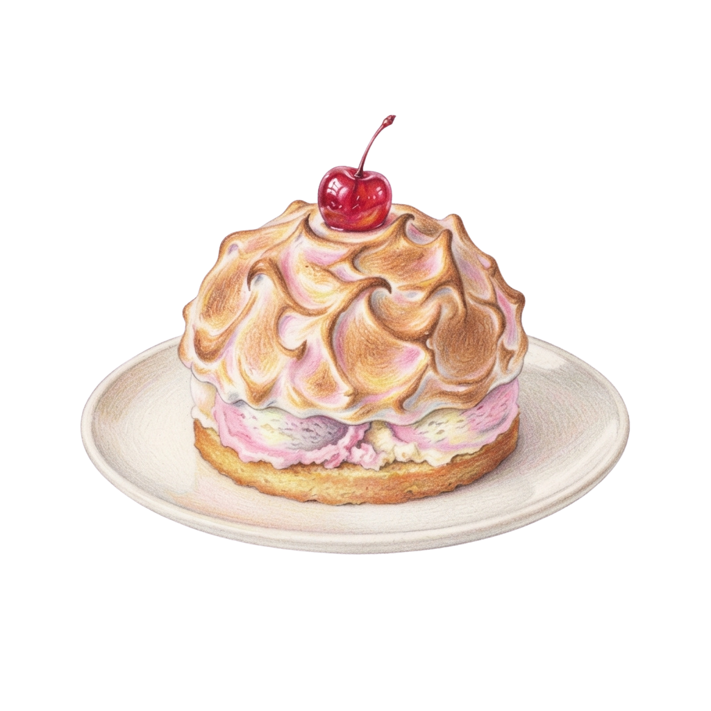 A meringue cake topped with a cherry, placed on a white plate against a black background.