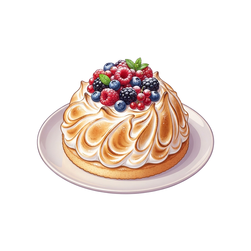 A lemon meringue pie topped with fresh raspberries, blackberries, and blueberries on a white plate