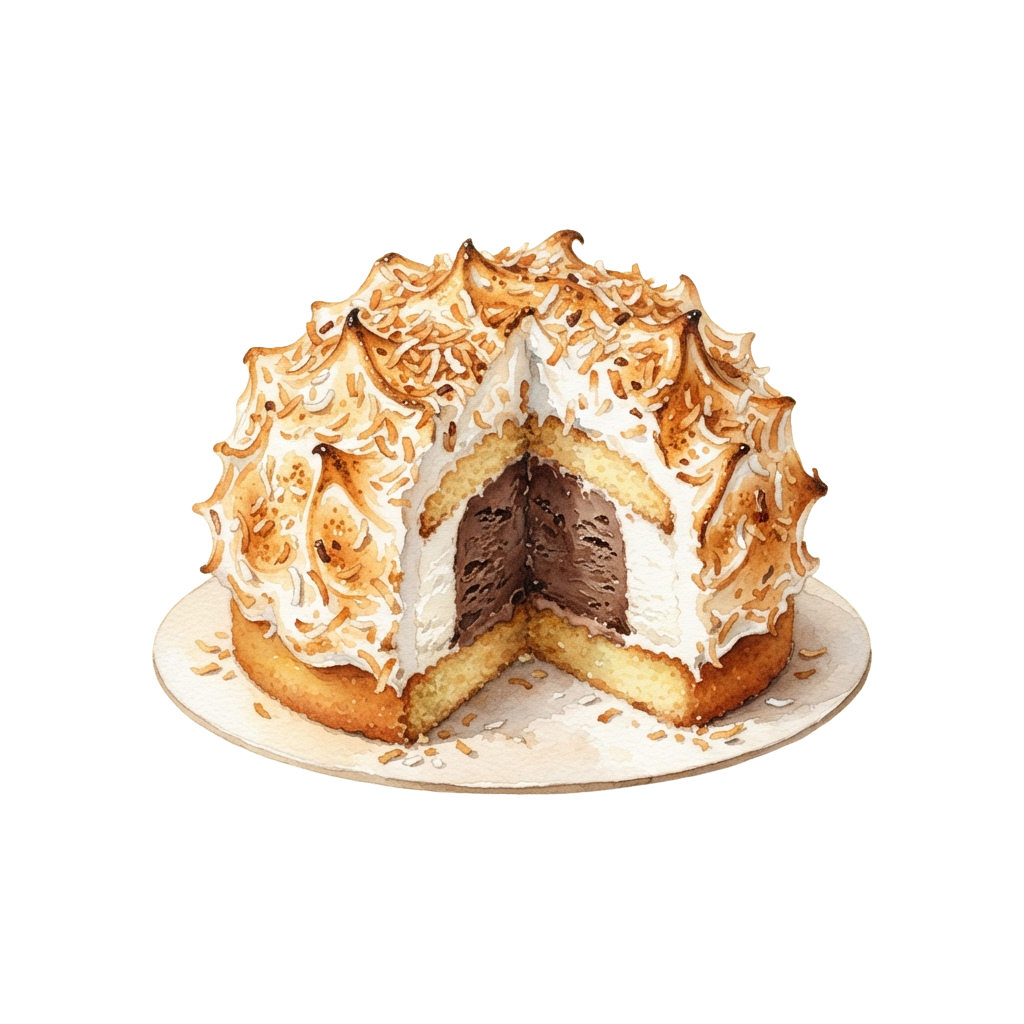 A slice of baked meringue cake with chocolate filling and vanilla sponge base on a white plate