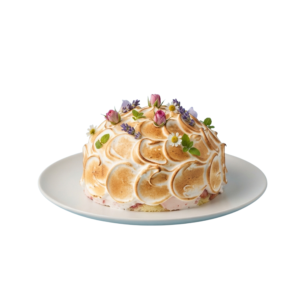 A round meringue cake with swirl patterns and edible flowers on top, placed on a white plate.
