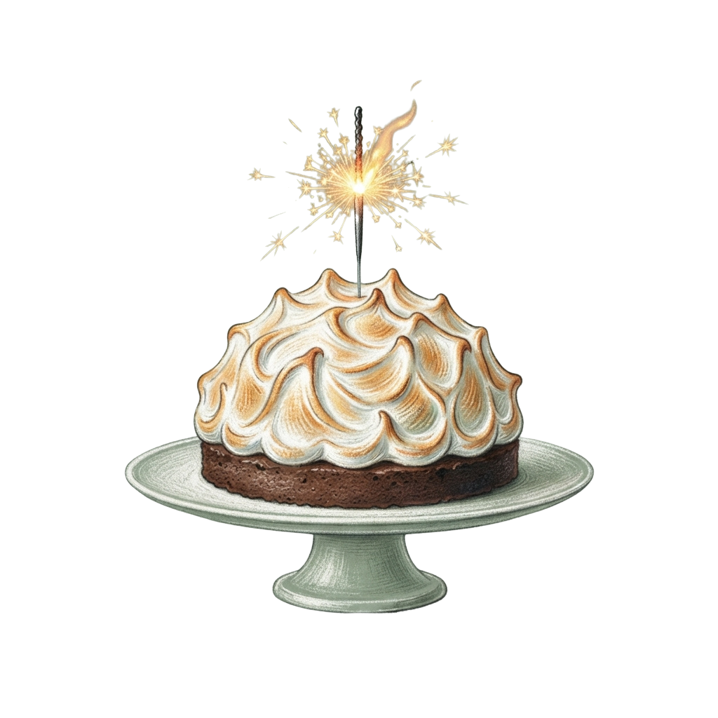 A chocolate cake topped with whipped cream swirls and a lit sparkler on a cake stand.