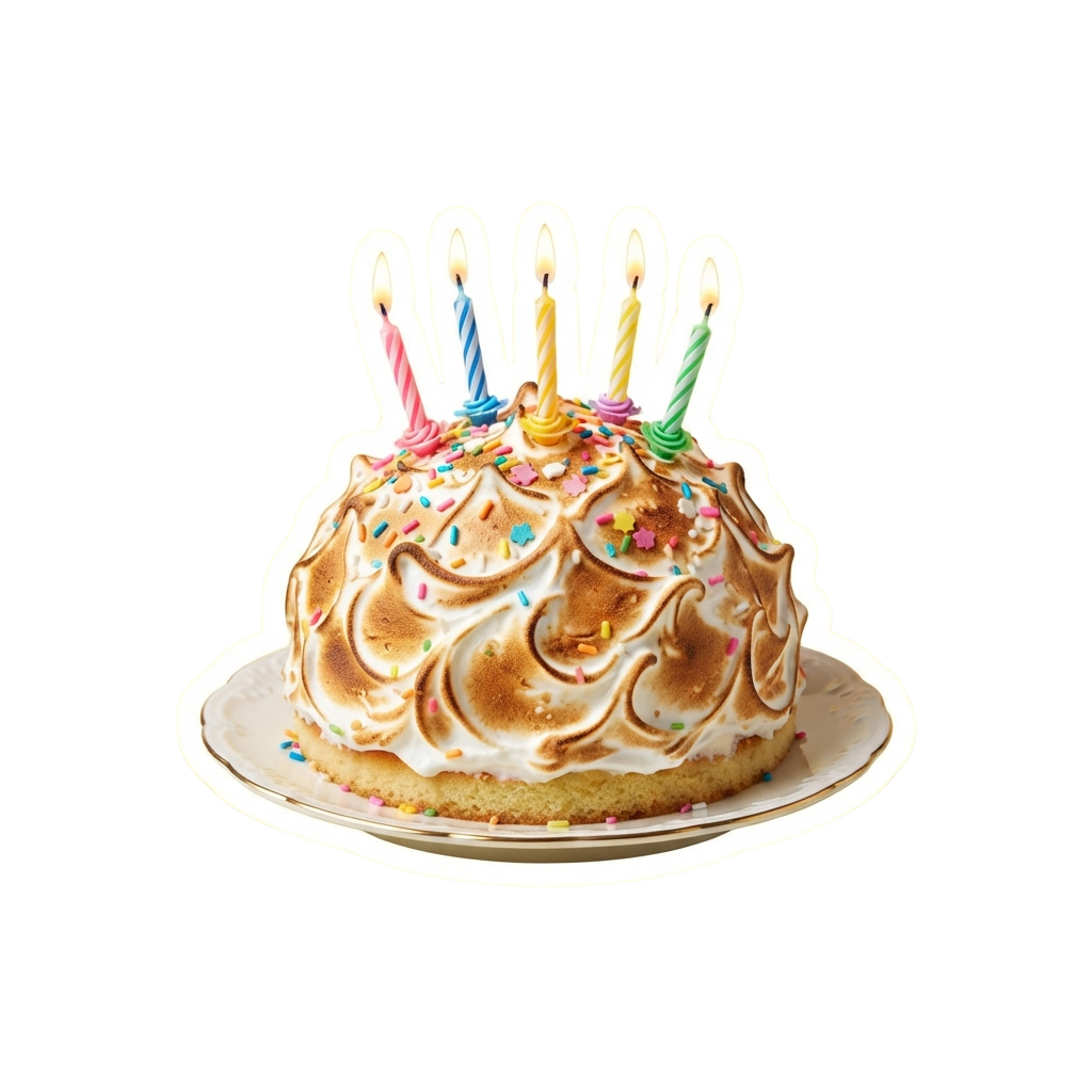 Decorative birthday cake with white frosting swirls, colorful sprinkles, and six lit candles in different colors