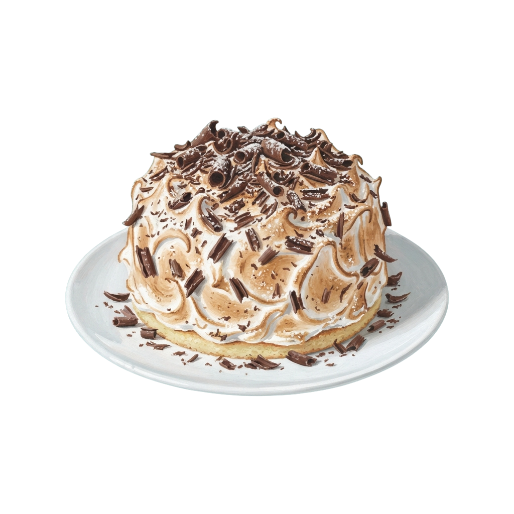 A single chocolate chip cookie cake topped with swirls of light brown icing and chocolate shavings on a white plate.
