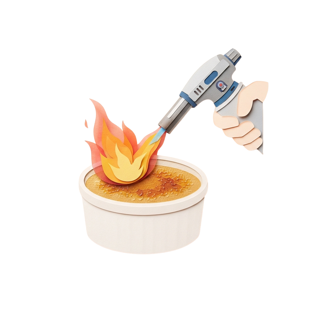 Hand holding a flame torch caramelizing the top of a crème brûlée dessert in a white dish with a crackling fire effect