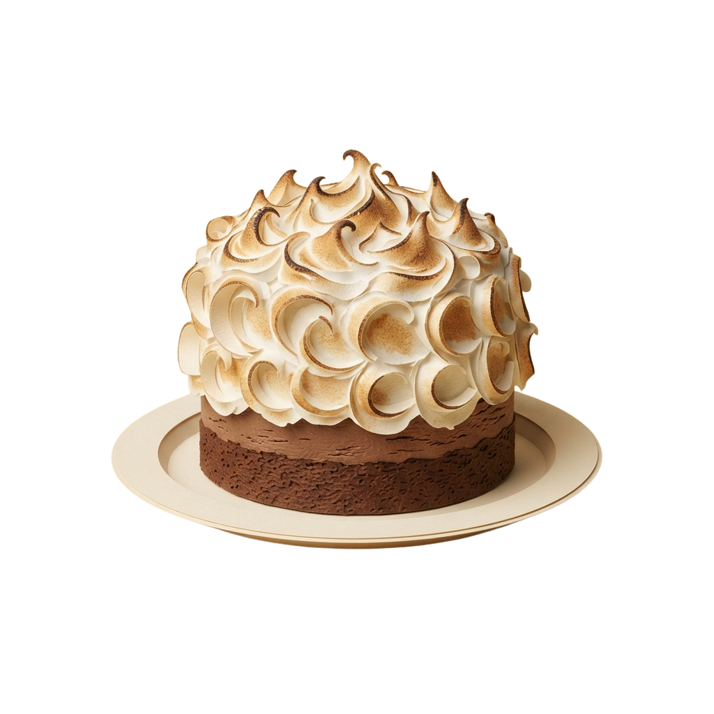 A round chocolate cake topped with swirls of toasted meringue on a white plate