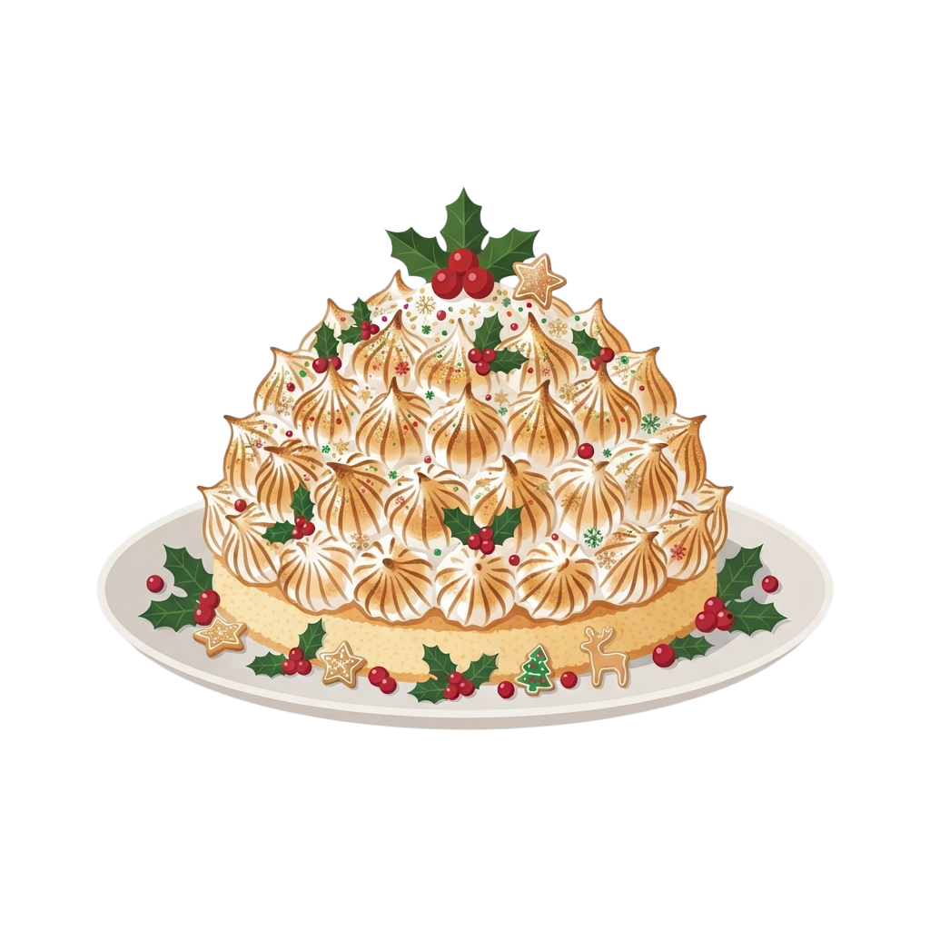 A beautifully decorated cake shaped like a Christmas tree with white icing, holly berries, and green leaves on a white plate.