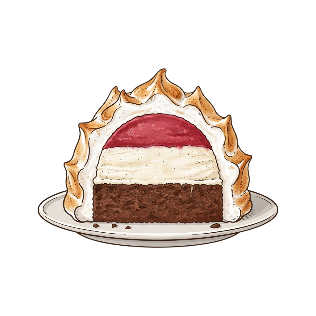 A visually appealing three-layer cake with chocolate base, white cream middle, red layer, and whipped cream topping on a plate