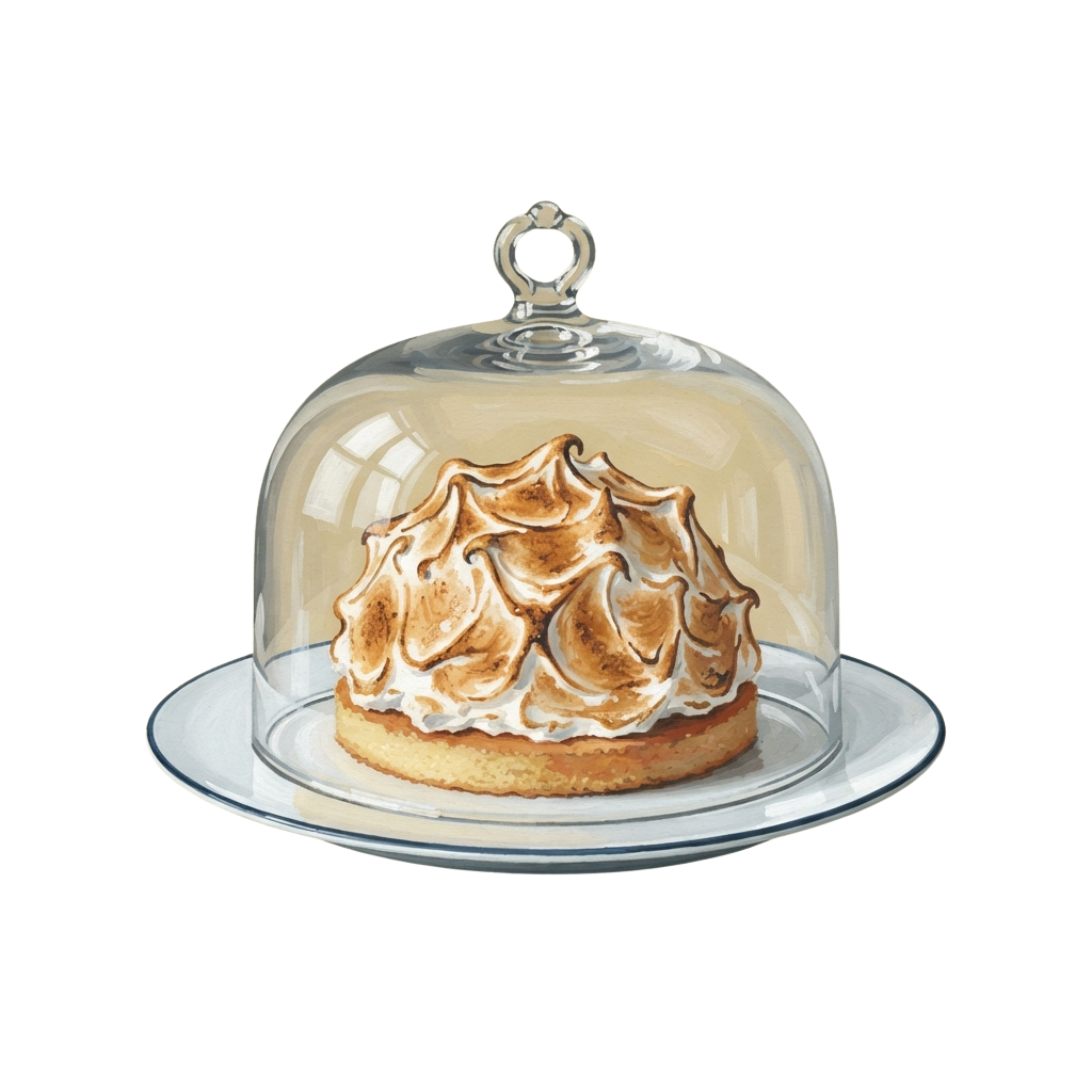 A meringue-topped cake displayed under a clear glass dome on a plate