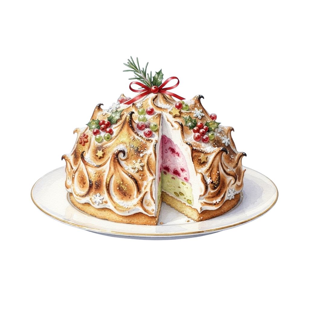 A sliced decorative cake with intricate caramel designs, colorful berries, and a red bow on top placed on a white plate.