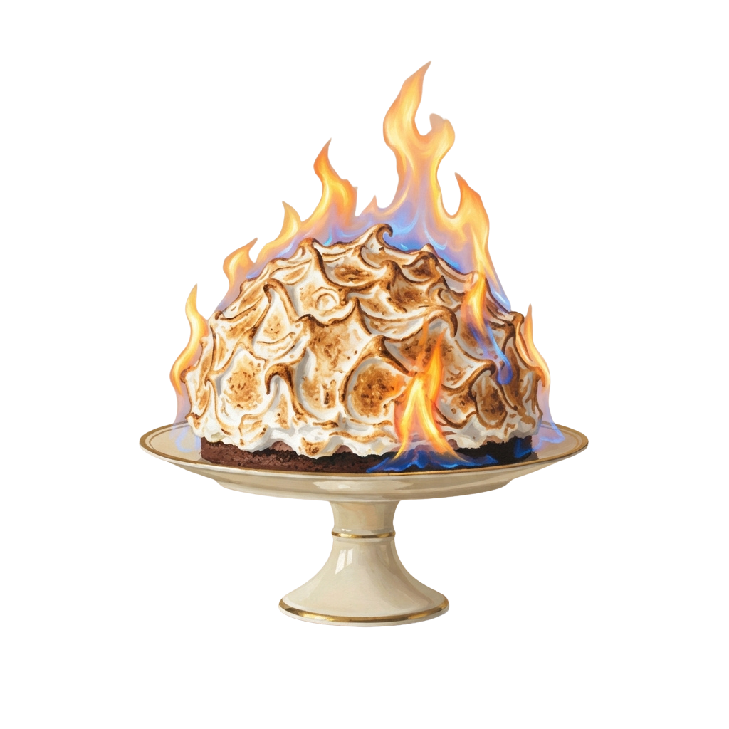 A digital illustration of a cake wrapped in flames on a pedestal plate