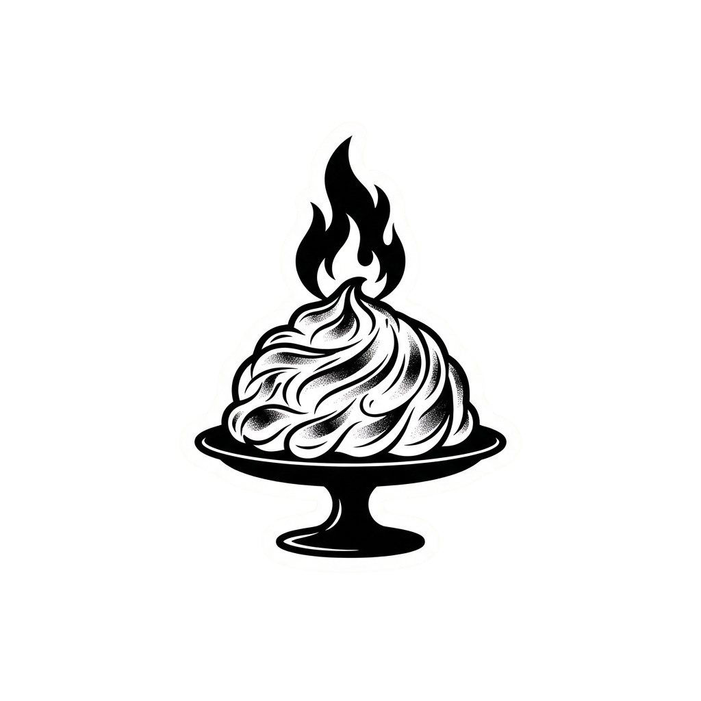 A stylized illustration of a flaming dessert on a pedestal plate with flames on top