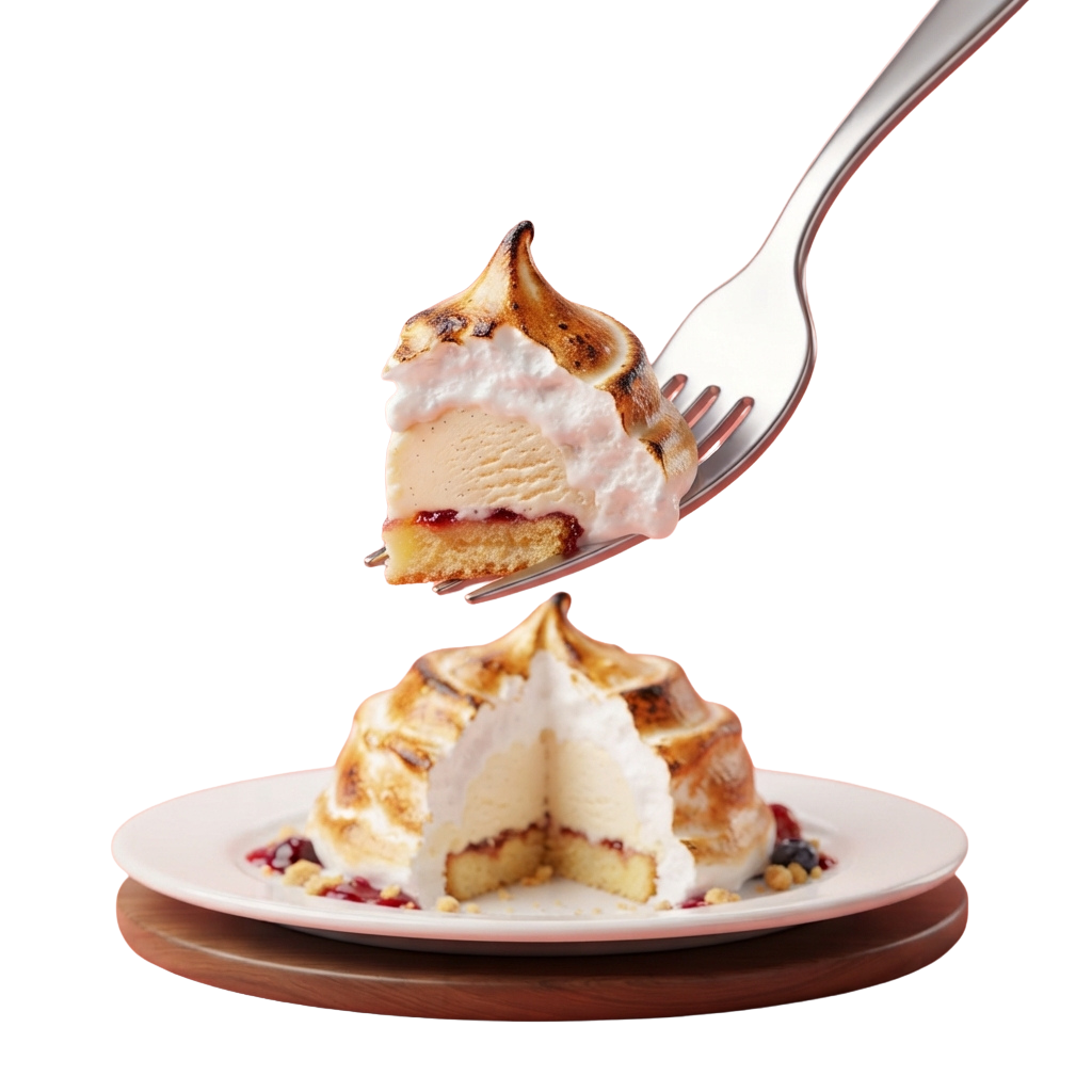 A slice of meringue cake topped with vanilla ice cream and a spoon lifting a piece.
