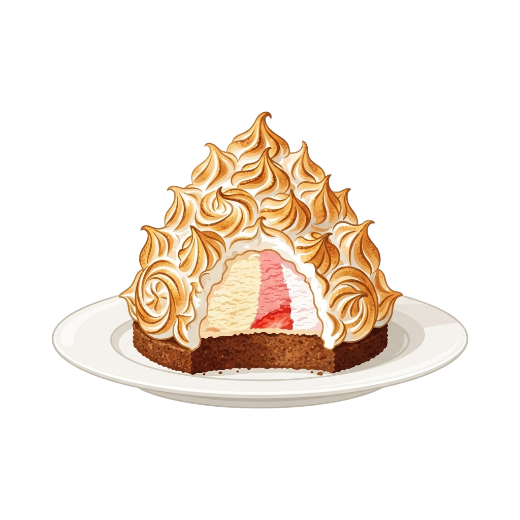 A slice of flaming cake with caramelized whipped cream on top, placed on a white plate