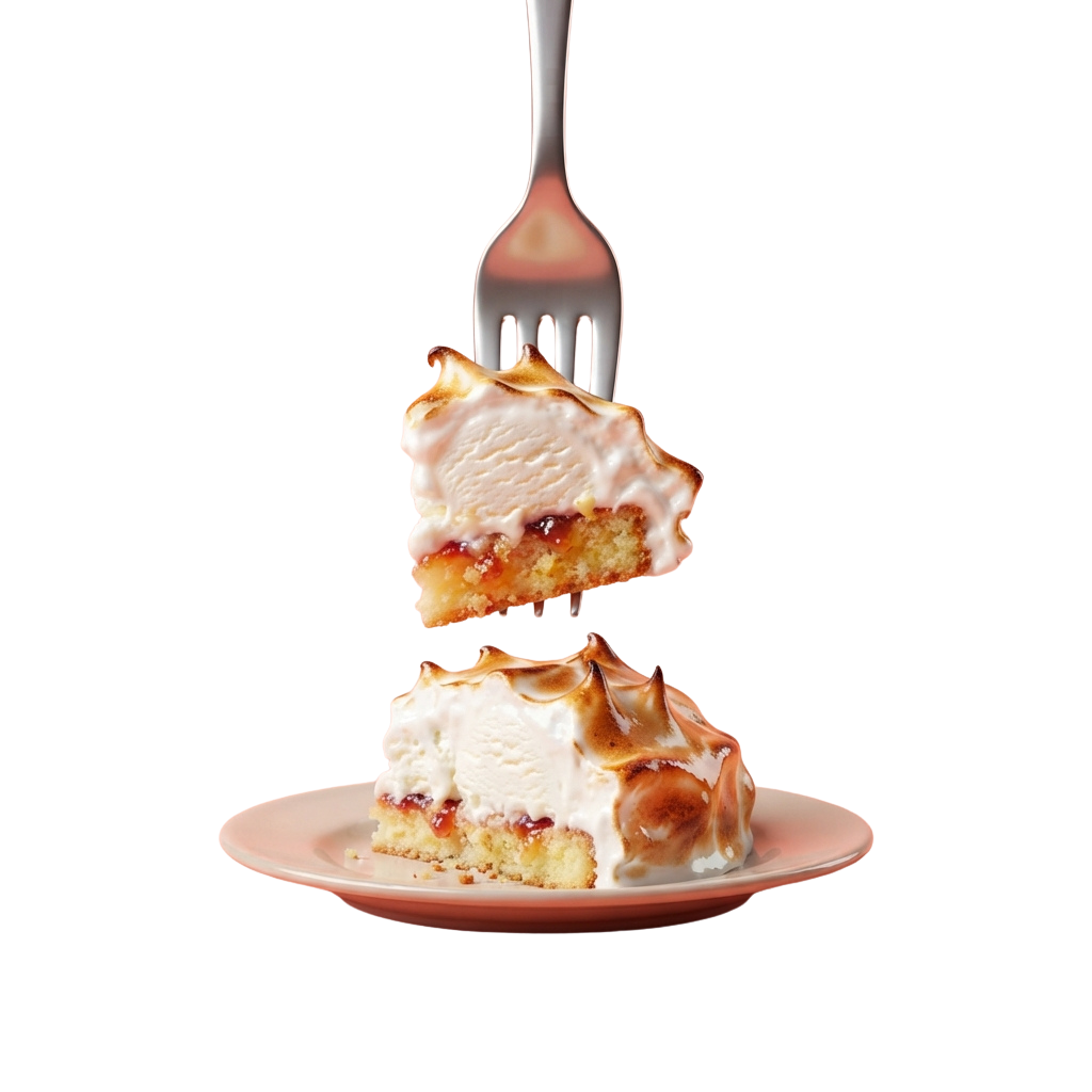 A fork holds a slice of cake topped with meringue, placed on a pink plate with another slice below.