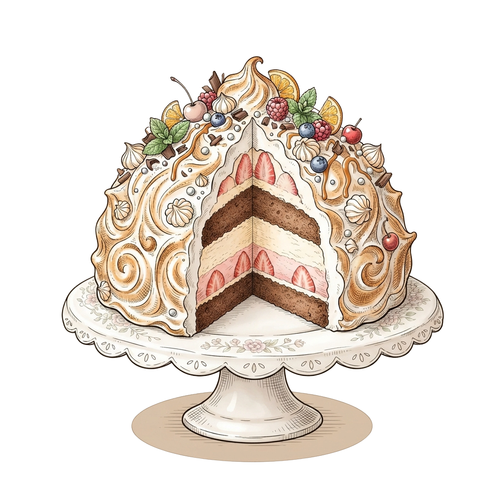 A beautifully decorated multi-layer cake with fruit toppings and swirls on a white cake stand.