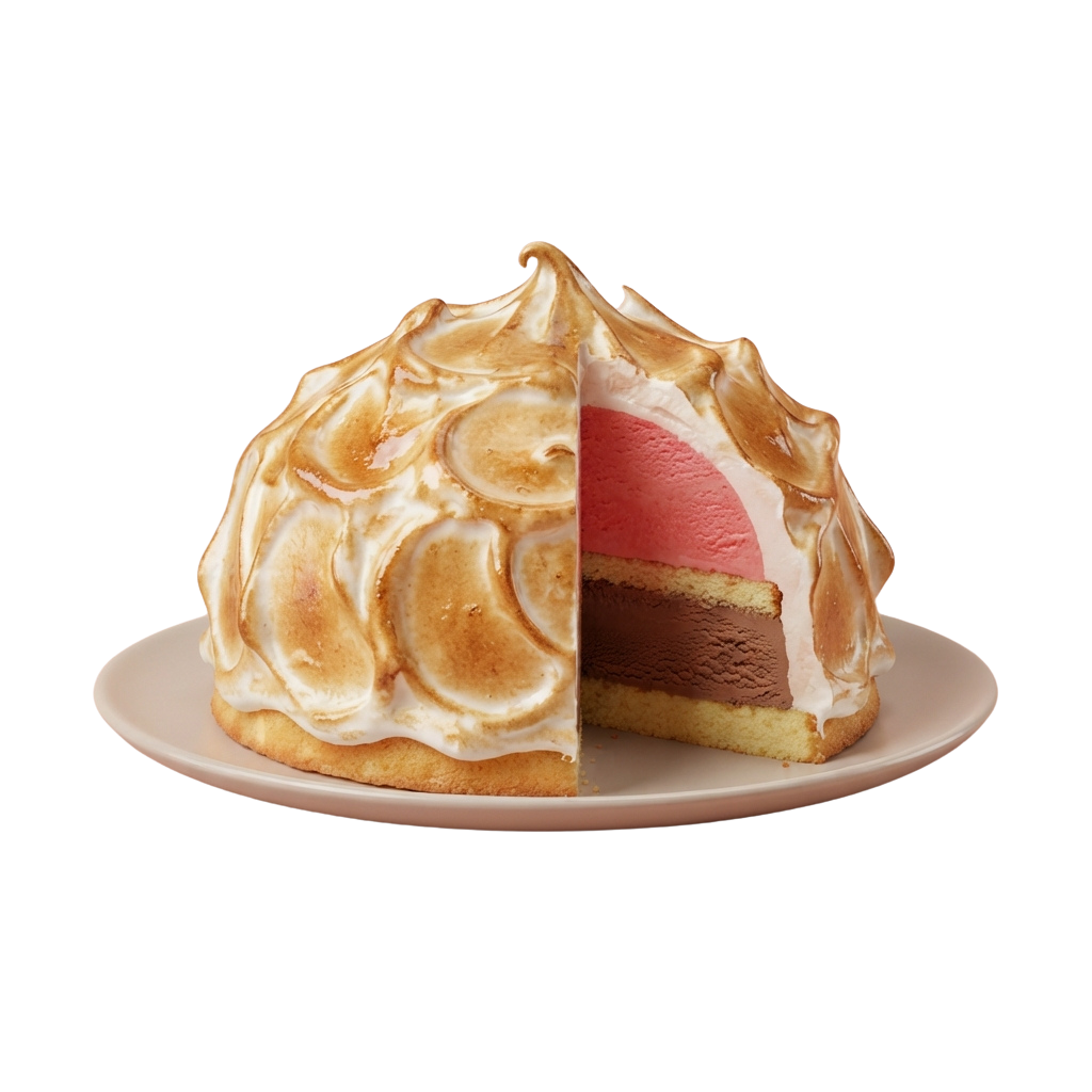 A sliced cake topped with fluffy meringue, revealing three distinct layers of pink, chocolate, and vanilla.