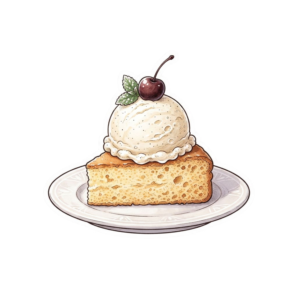 A slice of cake topped with scoop of vanilla ice cream and a cherry garnish on a white plate