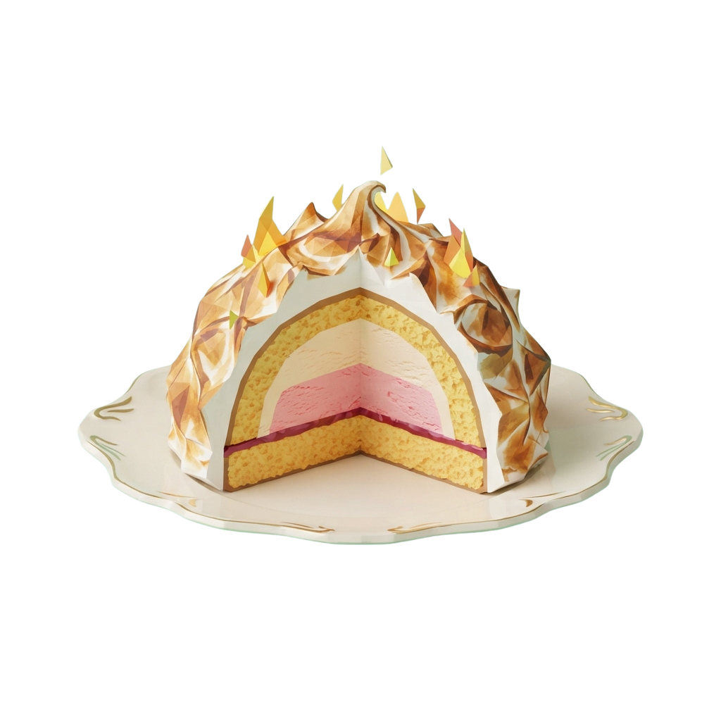 A slice of colorful layered cake with caramelized topping on a white plate