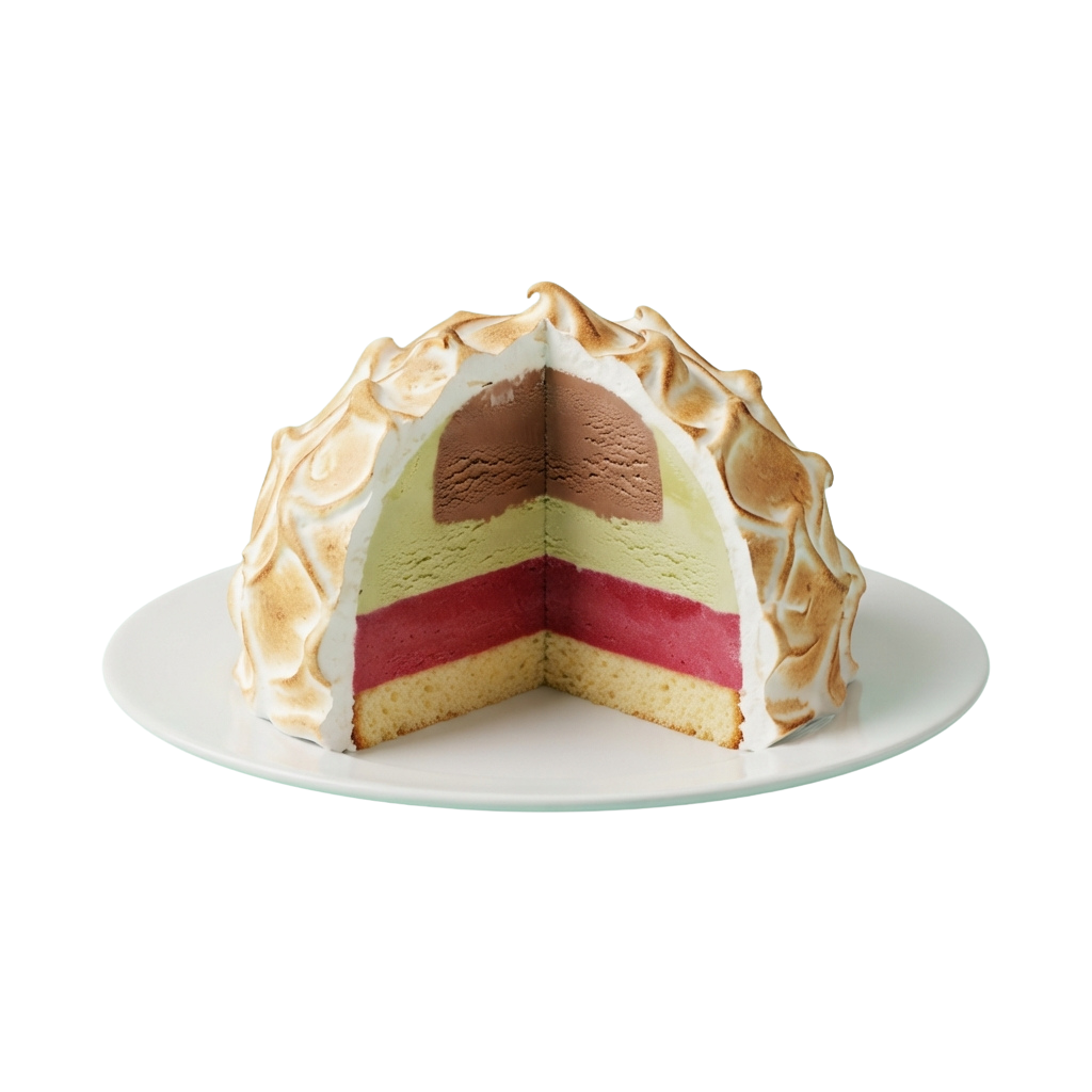 A sliced cake with three layers of different colors and meringue on top and sides