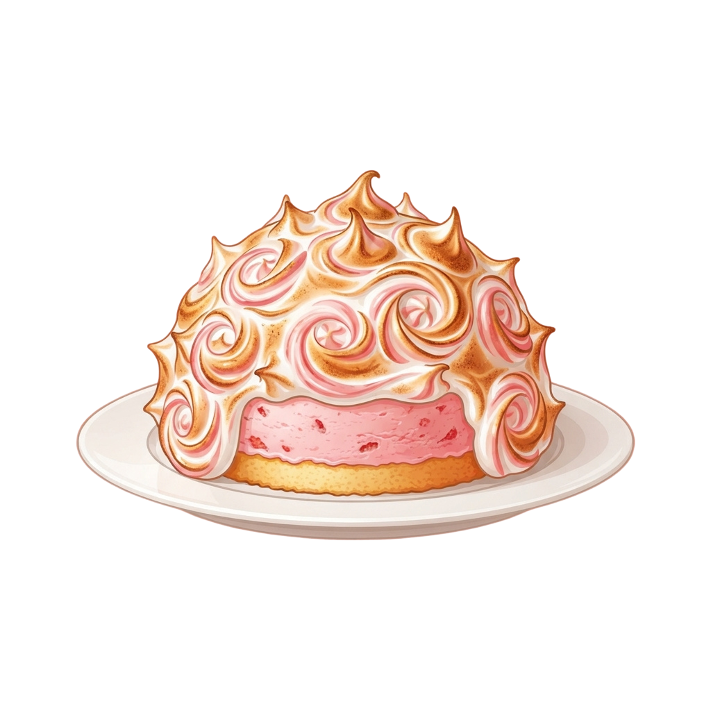 A single slice of pink cake topped with swirls of golden meringue on a white plate.