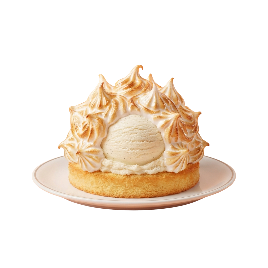 A slice of lemon meringue pie with a scoop of vanilla ice cream and fluffy meringue topping on a white plate.