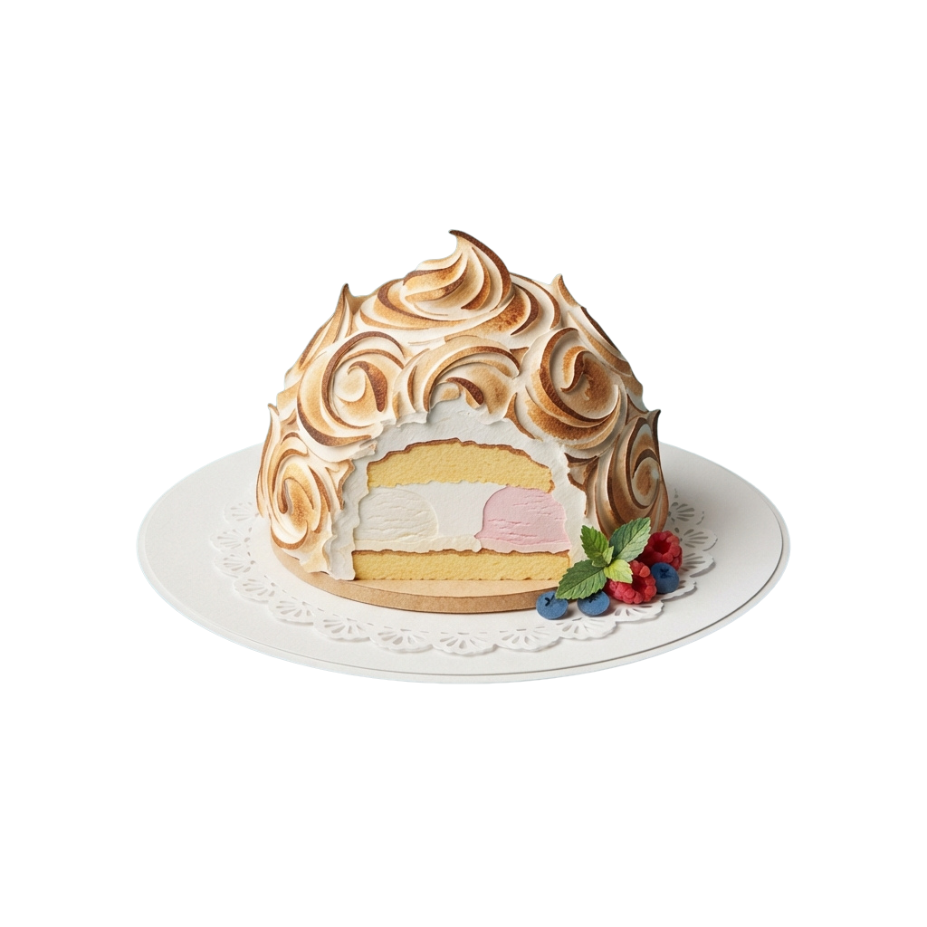 A slice of vanilla cake topped with meringue rosettes and garnished with berries on a white plate
