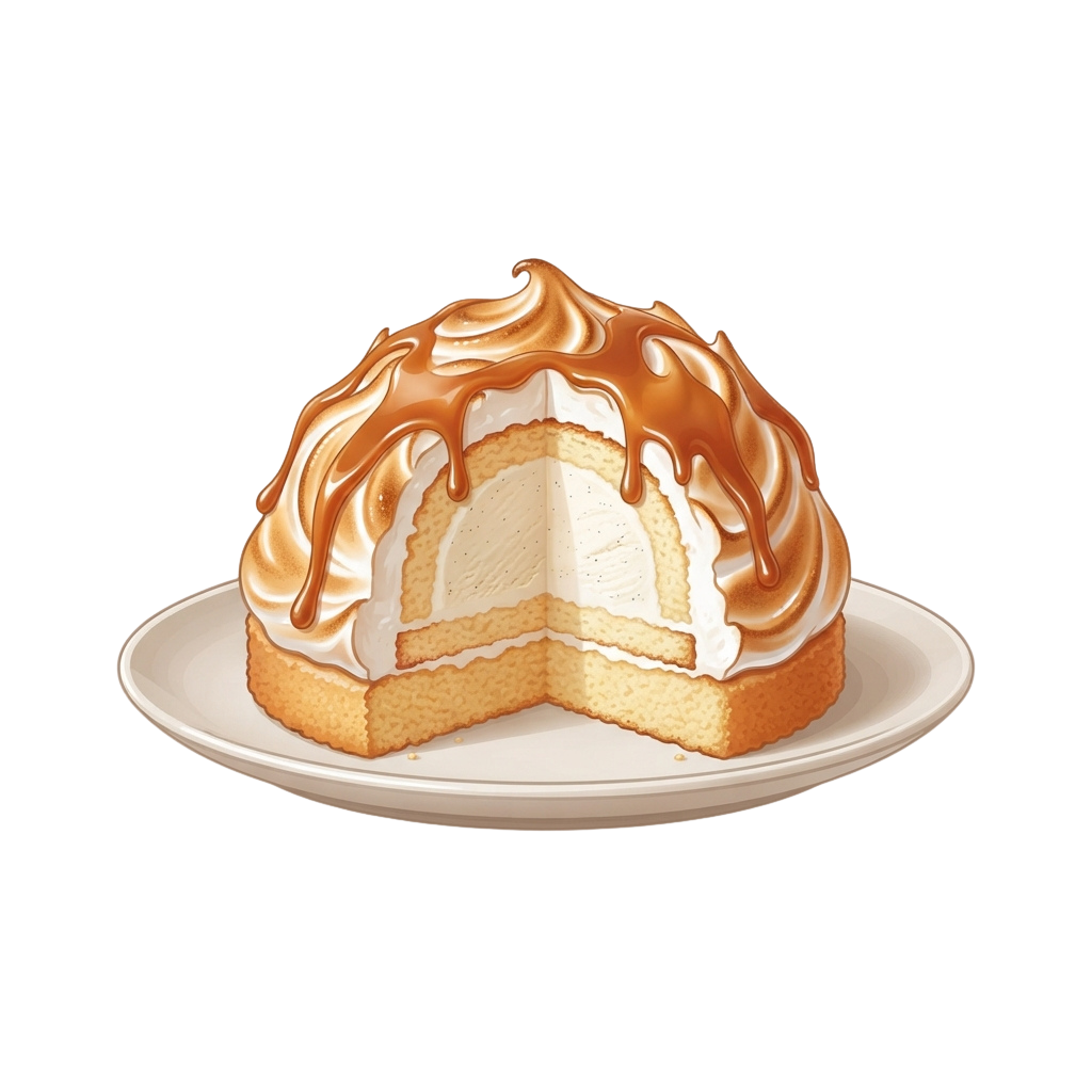 A slice of cake with caramel drizzle and white meringue on a white plate