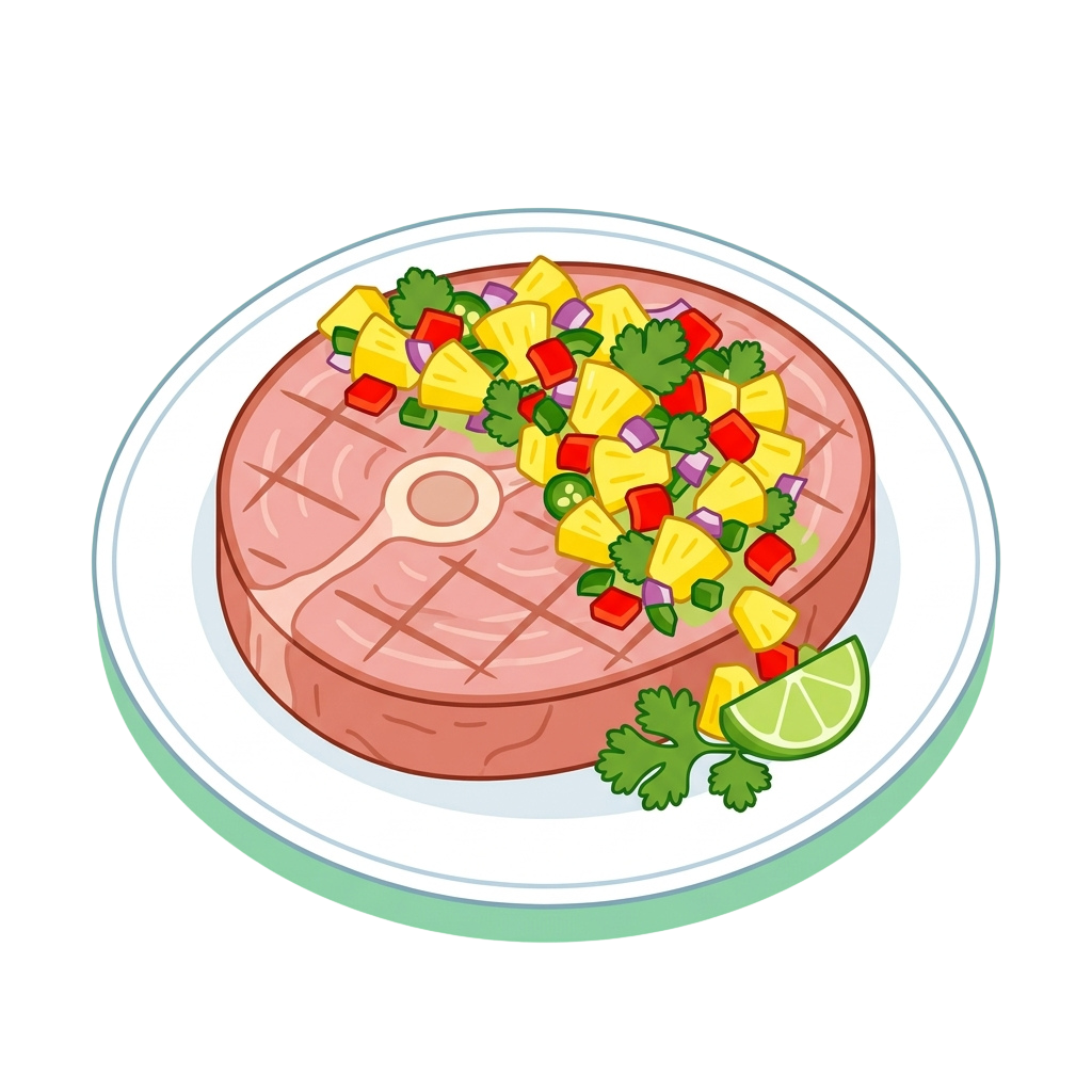 Grilled steak topped with colorful pineapple salsa, lime wedge, and cilantro on a white plate