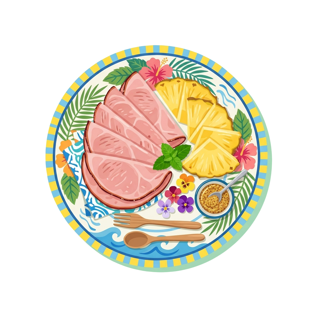 Illustration of a plate with ham slices, pineapple chunks, utensils, and tropical flowers on a decorative plate