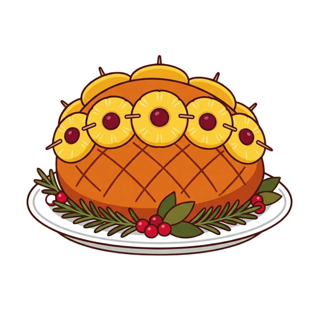 A round cake decorated with pineapple slices arranged as eyes and mouth, placed on a plate with greenery.