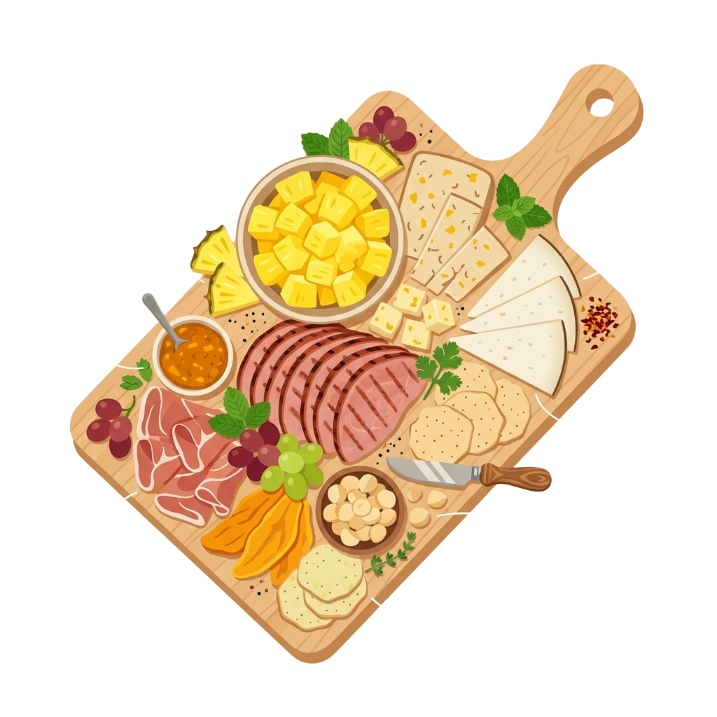 A wooden charcuterie board with cheese, cured meats, pineapple, grapes, nuts, crackers, and dips