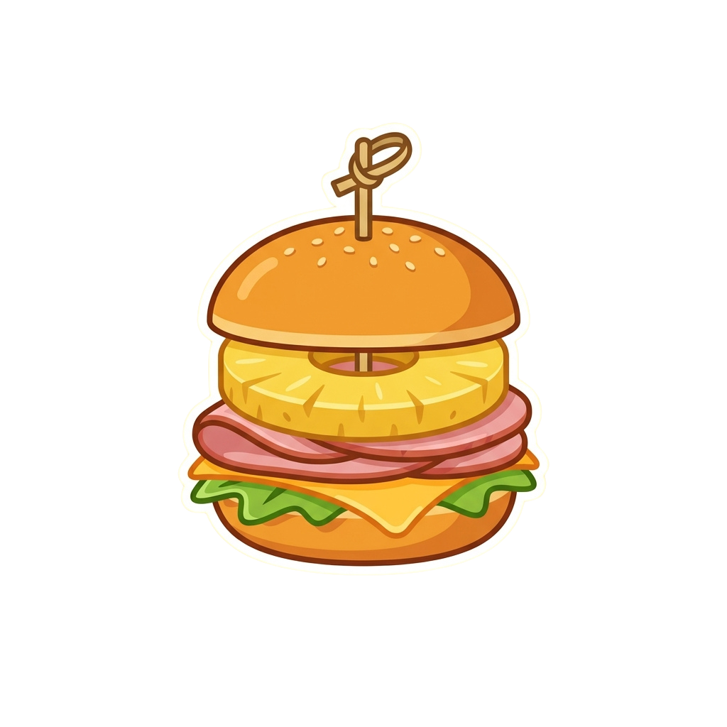 Illustration of a burger with pineapple slice, ham, lettuce, and cheese on a sesame seed bun with a toothpick