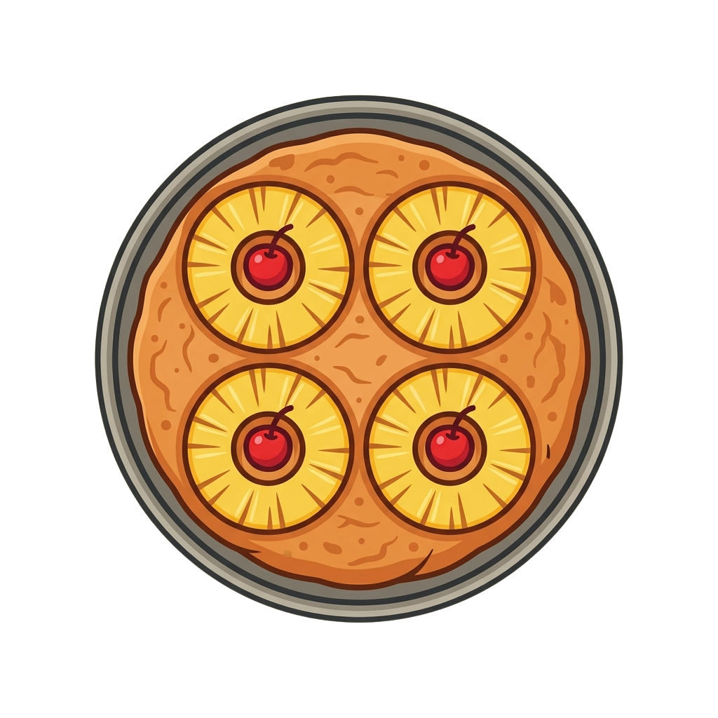 Illustration of a round pizza topped with pineapple slices and cherries on each slice